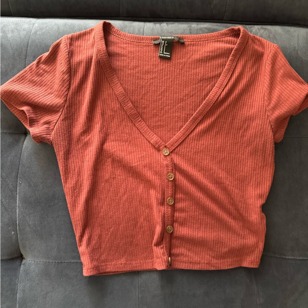Burnt Orange Forever 21 cropped button up top #croptop